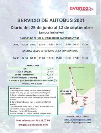 Horarios y tarifas bus Eriste-Espigantosa 2021